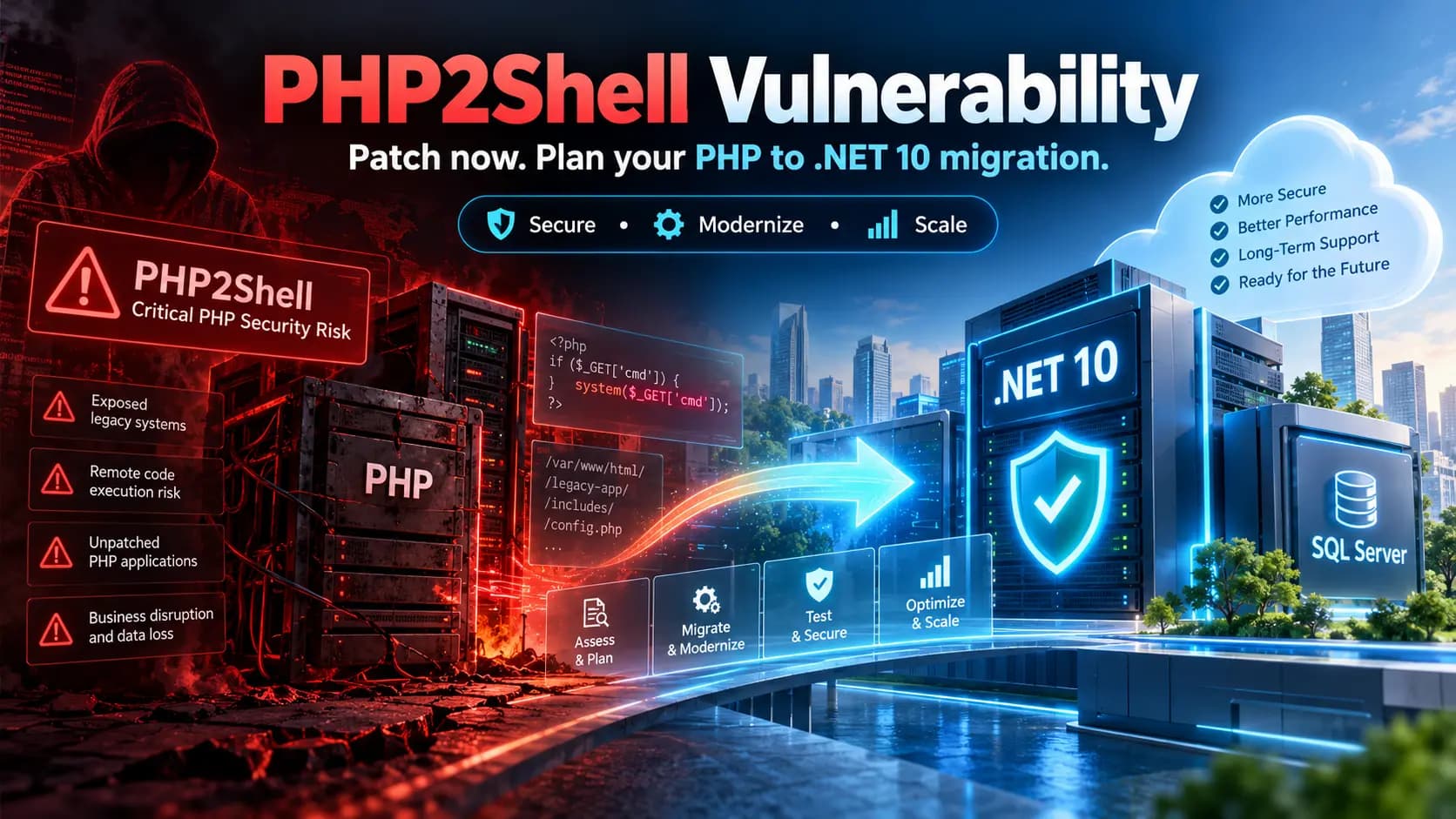 Illustration contrasting a vulnerable legacy PHP server with a secured .NET 10 and SQL Server environment, connected by an assess, migrate, test and optimize path